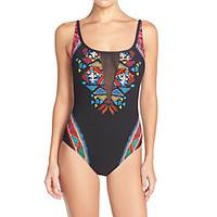 Women\'s Straped One-piece Swimwear Mesh Patchwork Condole Belt Rainbow Print Floral Nylon Polyester Spandex Multi-color Black