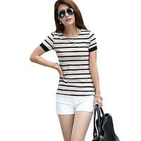 Women\'s Fine Stripe Going out Simple / Street chic T-shirt, Striped Round Neck Short Sleeve Black / Gray Cotton Thin