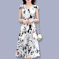 Women\'s Going out Work Beach Vintage Cute Sophisticated Sheath Dress, Print V Neck Midi Short Sleeve Black Others Spring Summer Mid Rise