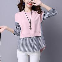 Women\'s Fine Stripe Casual/Daily Street chic Spring Fall Loose T-shirt Striped Patchwork Round Neck Long Sleeve Pink White /Black Cotton Medium
