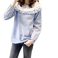 Women\'s Going out Casual/Daily Work Vintage Cute Sophisticated All Seasons Shirt, Solid Patchwork Round Neck Long Sleeve BlueOthers