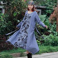 Women#39;s 2017 spring national wind Department of bandwidth loose waist tie-dye printing stitching cotton dress female