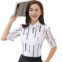 Women\'s Shirt Collar Plus Size Wild Work OL Blouse Long Sleeve Striped Chiffon Shirt