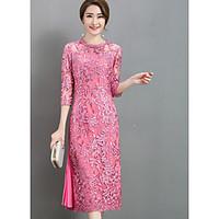 Women\'s Casual/Daily Sheath Dress, Embroidered Round Neck Midi ½ Length Sleeve Polyester Summer Mid Rise Micro-elastic Medium