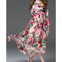 Women\'s Going out Swing Dress, Floral Round Neck Maxi Long Sleeve Others Spring High Rise Inelastic Thin