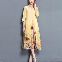 Women\'s Going out Simple A Line Dress, Print Round Neck Midi ¾ Sleeve Yellow Cotton Polyester Spring Summer Mid Rise Inelastic Medium