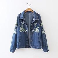 Women\'s Embroidery Going out / Casual/Daily Simple / Street chic Denim Jackets, Embroidered Shirt Collar Long Sleeve Fall / Winter BlueAcrylic /