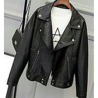 womens casualdaily simple spring leather jacket solid notch lapel long ...