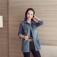 Women\'s Going out Casual/Daily Simple Street chic Spring Denim Jacket, Solid Stand Long Sleeve Long Others