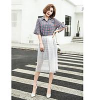 Women\'s Casual/Daily Simple Summer Shirt Skirt Suits, Striped Shirt Collar Half Sleeve Inelastic