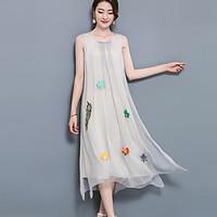 Women\'s Going out Street chic Loose Dress, Embroidered Round Neck Midi Sleeveless Rayon Summer Mid Rise Micro-elastic Medium