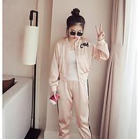 Women\'s Casual/Daily Street chic Spring T-shirt Pant Suits, Solid Striped Letter Stand Long Sleeve Micro-elastic