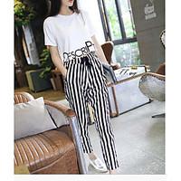 womens going out cute summer t shirt pant suits striped round neck sho ...