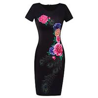 Women\'s Casual/Daily Formal Party Sexy Bodycon Dress, Floral Round Neck Knee-length Short Sleeve Black Cotton Polyester Summer