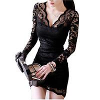 womens lace sexy lace v neck long sleeve dress