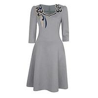 Women\'s Plus Size Party Vintage Sheath Dress, Embroidered Round Neck Knee-length ¾ Sleeve Polyester Gray Green Summer High Rise