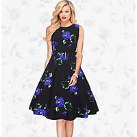 womens formal vintage swing dress print round neck knee length sleevel ...