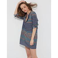 Women\'s Casual/Daily Simple Loose Dress, Print V Neck Mini Long Sleeve Blue Polyester All Seasons Low Rise Micro-elastic Medium