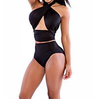 Women\'s Solid Black Bikini Set, High Waist Sexy Halter