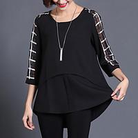 Women\'s Casual/Daily Plus Size / Street chic Summer Blouse, Check Round Neck ¾ Sleeve Black Silk / Polyester Thin
