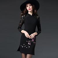Women\'s Embroidery Plus Size / Going out Street chic Shift Dress, Print Crew Neck Above Knee Long Sleeve Red / Black Polyester Fall
