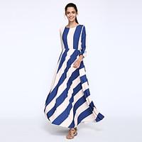 womens print striped blue dress print round neck length sleeve