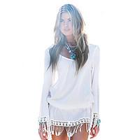 Women\'s Boho/Tassel Casual Pure White Long Sleeve Beach Mini Dress with Tassels