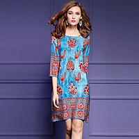 Women\'s Boho Plus Size Going out Street chic Loose Dress, Print Round Neck Above Knee ¾ Sleeve Polyester Blue Spring Summer Mid Rise