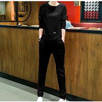 Women\'s Casual/Daily Simple Spring Hoodie Pant Suits, Solid Round Neck Long Sleeve Micro-elastic