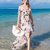 Women\'s Beach Holiday Simple Boho Bodycon Sheath Dress, Print V Neck Maxi Sleeveless Silk Spring Summer Mid Rise Inelastic Medium