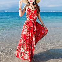 Women\'s Beach Holiday Simple Bodycon Dress, Print U Neck Maxi Sleeveless Silk Spring Summer Mid Rise Inelastic Medium