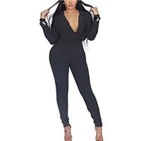 womens sexy simple solid deep v long sleeve high rise skinny jumpsuits