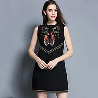 Women\'s Going out Casual/Daily A Line Dress, Embroidered Round Neck Mini Sleeveless Polyester Spring Summer Mid Rise Inelastic Thin Medium