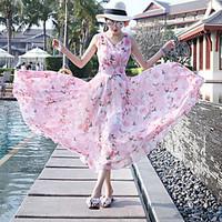 womens beach holiday boho slim thin chiffon swing dress print v neck m ...