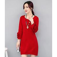 Women\'s Casual/Daily A Line Dress, Solid Round Neck Above Knee ¾ Sleeve Cotton Spring Summer High Rise Micro-elastic Thin