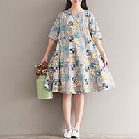 Women\'s Plus Size A Line Dress, Print Round Neck Maxi Short Sleeve Silk Spring Low Rise Inelastic Medium