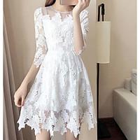Women\'s Casual/Daily Simple Lace Dress, Solid Round Neck Asymmetrical ½ Length Sleeve Cotton Summer High Rise Micro-elastic Thin