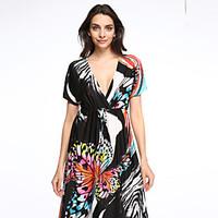 womens plus size sexy sheath dress print deep v maxi short sleeve blac ...