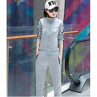 Women\'s Sports Active Spring Hoodie Pant Suits, Solid Stand Long Sleeve Micro-elastic