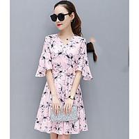 Women\'s Casual/Daily Simple A Line Dress, Floral Round Neck Above Knee ½ Length Sleeve Cotton Summer High Rise Micro-elastic Medium