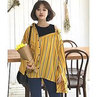 Women\'s Casual/Daily Simple Spring Summer Shirt, Striped Patchwork Round Neck Long Sleeve Cotton Others Thin