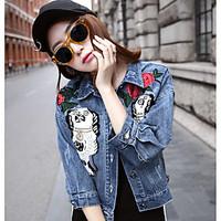Women\'s Casual/Daily Simple Summer Denim Jacket, Print Shirt Collar Long Sleeve Regular Linen