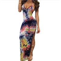 Women\'s Daily Bodycon Dress, Flower/Floral V Neck Maxi Sleeveless Linen Summer Mid Rise Micro-elastic Medium