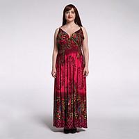 womens plus size boho swing dress print v neck maxi sleeveless polyest ...