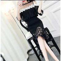 Women\'s Going out Casual/Daily Sexy Spring Blouse Dress Suits, Solid Print Boat Neck ½ Length Sleeve Lace Mesh Stretchy