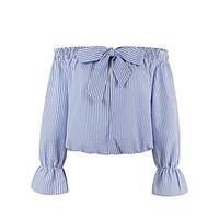 Women\'s Off The ShoulderFine Stripe Plus Size Vintage All Seasons ShirtStriped Boat Neck Sleeve Blue Cotton Medium