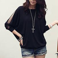 Women\'s Batwing Round Neck Sheer Mesh Cape Sleeve Loose T-Shirt