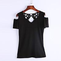 Women\'s Off The Shoulder/Lace Solid Patchwork Lace Hollow Out Off Shoulder All Match T-shirt, Round Neck Short Sleeve