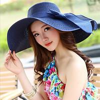Women Vintage Casual Summer Beach Bow Tie Solid Color Sun Dome Wide-brimmed Hat