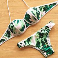 Women\'s New Arrival Print Halter Sexy Fashion Bikinis , Floral Push-up / Underwire Bra Green